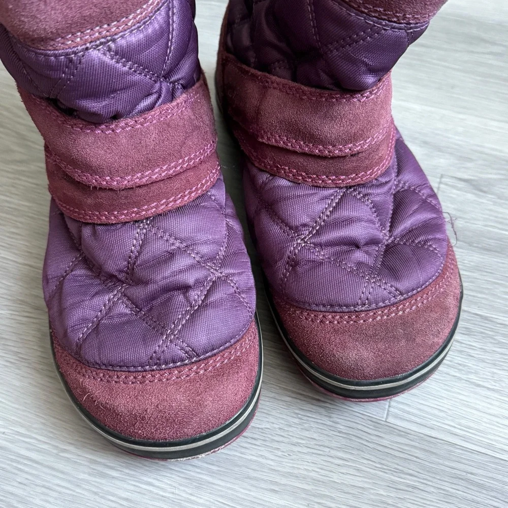 SOREL Glacy Puffy Faux Fur Waterproof Boots Sz 8.5 Plum Suede Harness